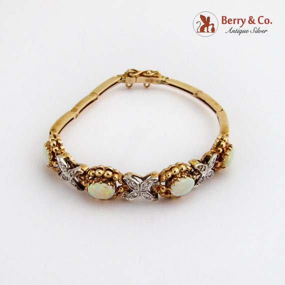 Ornate Opal Diamond Link Bracelet 14 K Two Tone G… - image 2