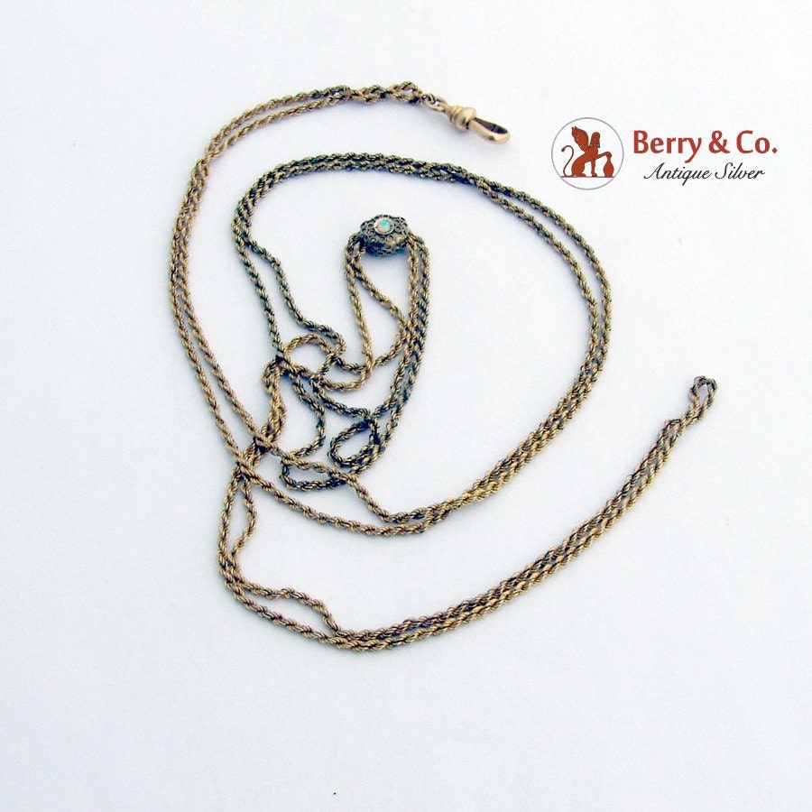 Long Chain Necklace Ornate Gold Filled Slider Opal Cabochon 1890