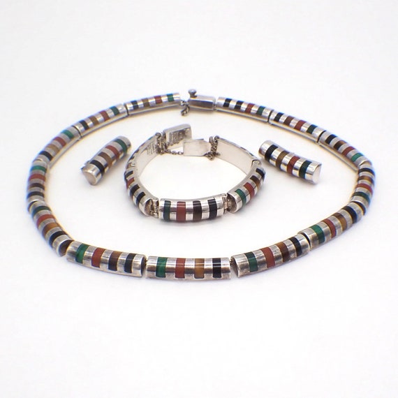 Mexican Modernist Jewelry Set Gem Inlay Sterling … - image 1