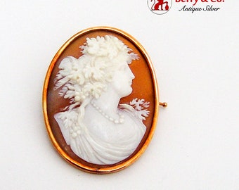 Antique Female Profile Shell Cameo Brooch 12 K Yellow Gold