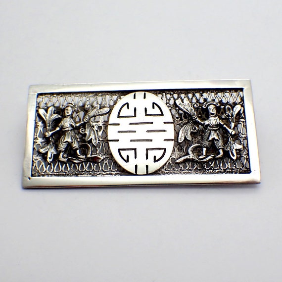 Asian Rectangular Brooch Indo China Sterling Silve