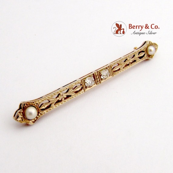 Edwardian Bar Pin Brooch 14 K White Yellow Gold D… - image 1