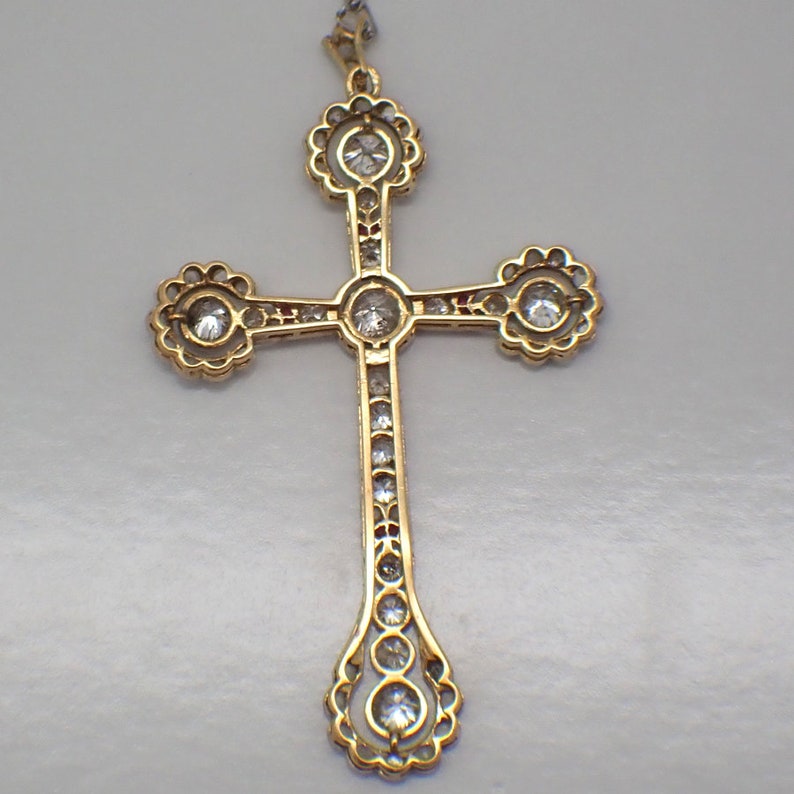 Antique Diamond Cross Pendant Necklace Platinum Topped Gold image 3