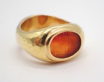 Carnelian Intaglio Ring 18K Yellow Gold Hammered Finish
