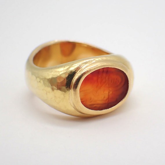 Carnelian Intaglio Ring 18K Yellow Gold Hammered … - image 1