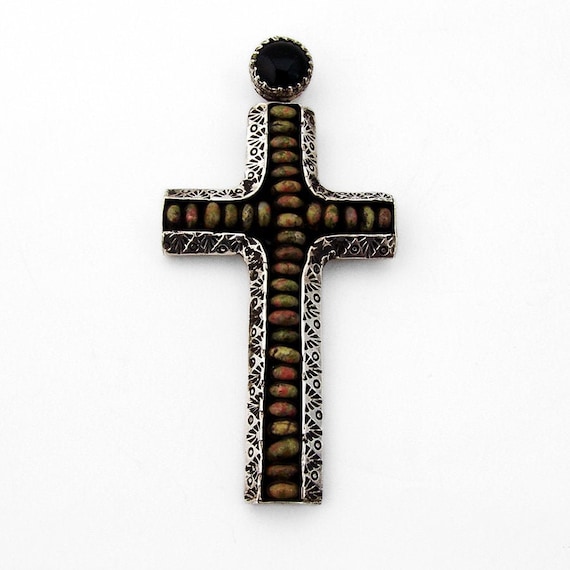 Massive Tribal Cross Pendant Unakite Onyx Sterlin… - image 1