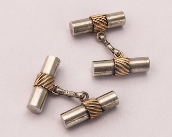 Banded Toggle Cufflinks 14 K Yellow Gold Sterling Silver