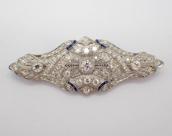 Edwardian Diamond Sapphire Brooch Pendant Platinum Filigree Design