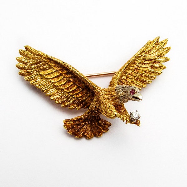 Flying Eagle Brooch Ruby Eyes Diamond 18 K Yellow Gold