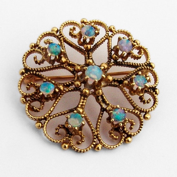 Openwork Brooch Water Opal 14K Yellow Gold - image 1