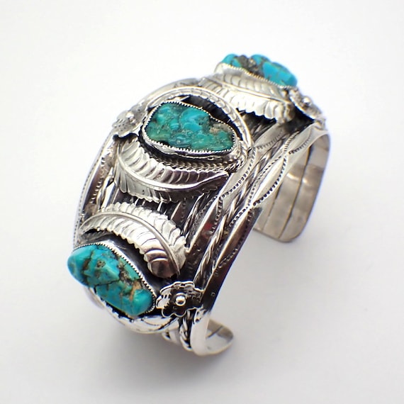 Navajo Blossom Cuff Bracelet Turquoise Sterling Si