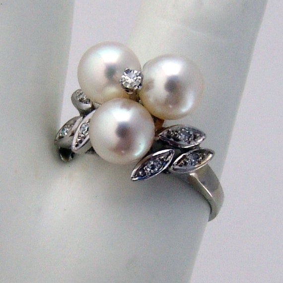 Pearl Diamond Cocktail Ring 14K White Gold - image 2