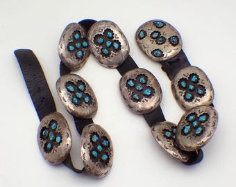 Navajo Concho Belt Shadow Box Turquoise Sterling Silver