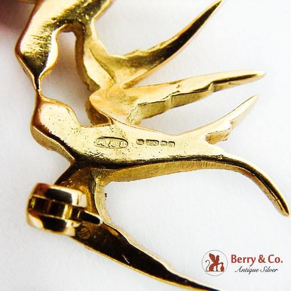 Two Swallows Brooch Diamond Accents 18K Gold - image 3