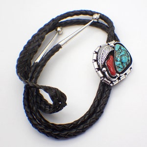 Navajo Bolo Tie Turquoise Coral Sterling Silver Leather Cord