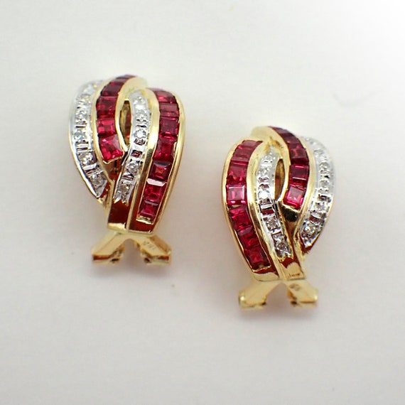 Ruby Diamond Omega Earrings 18K Yellow Gold - image 1