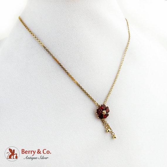 Garnet Flower Pendant Chain Necklace 14 K Yellow … - image 1