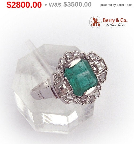 Art Deco 14 K White Gold Diamond Emerald Ring