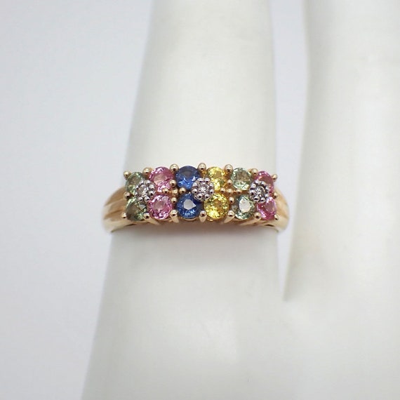 Multi Color Sapphire Diamond Ring 14K Yellow Gold