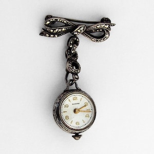 Bucherer Ladies Watch 15 Jewels Marcasite Bow Brooch Fob 800 Silver