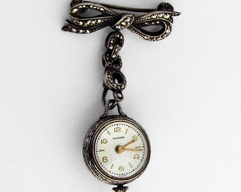 Bucherer Ladies Watch 15 Jewels Marcasite Bow Brooch Fob 800 Silver