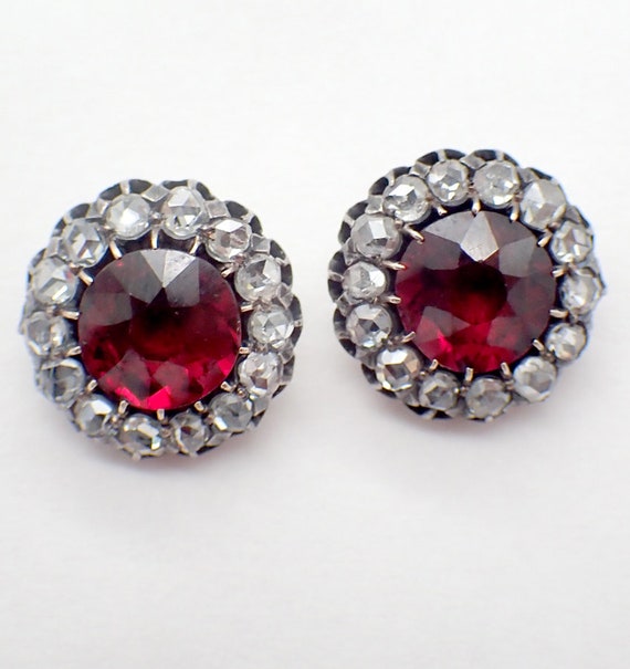 Antique Garnet Post Earrings Diamond Halo Silver … - image 2