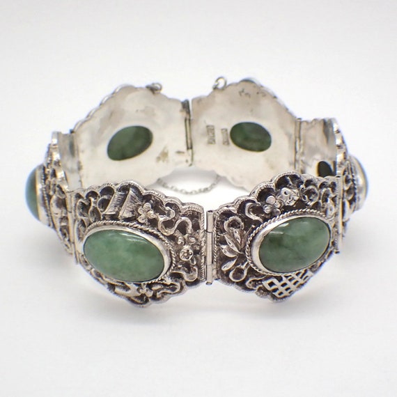 Antique Chinese Jade Panel Bracelet Sterling Silv… - image 2
