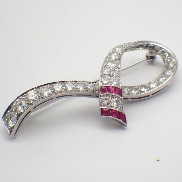 Diamond Platinum Ribbon Brooch Ruby Accents