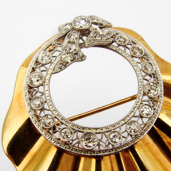 Ornate Diamond Brooch 14K Yellow White Gold - image 4