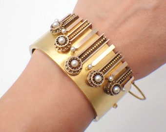 Victorian Wide Cuff Bracelet 18K Yellow Gold Pearls 1870