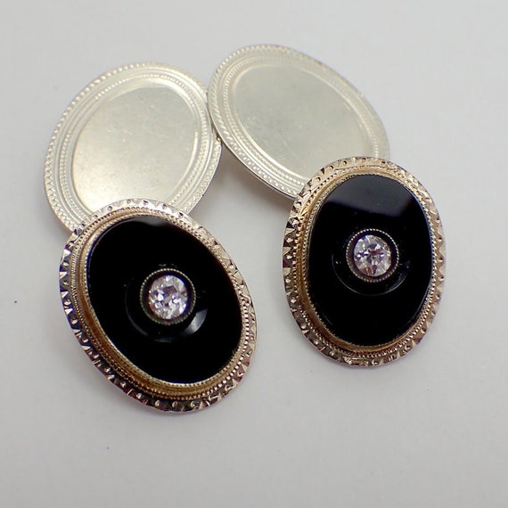 Oval Onyx Cufflinks Diamonds 14K Yellow Gold