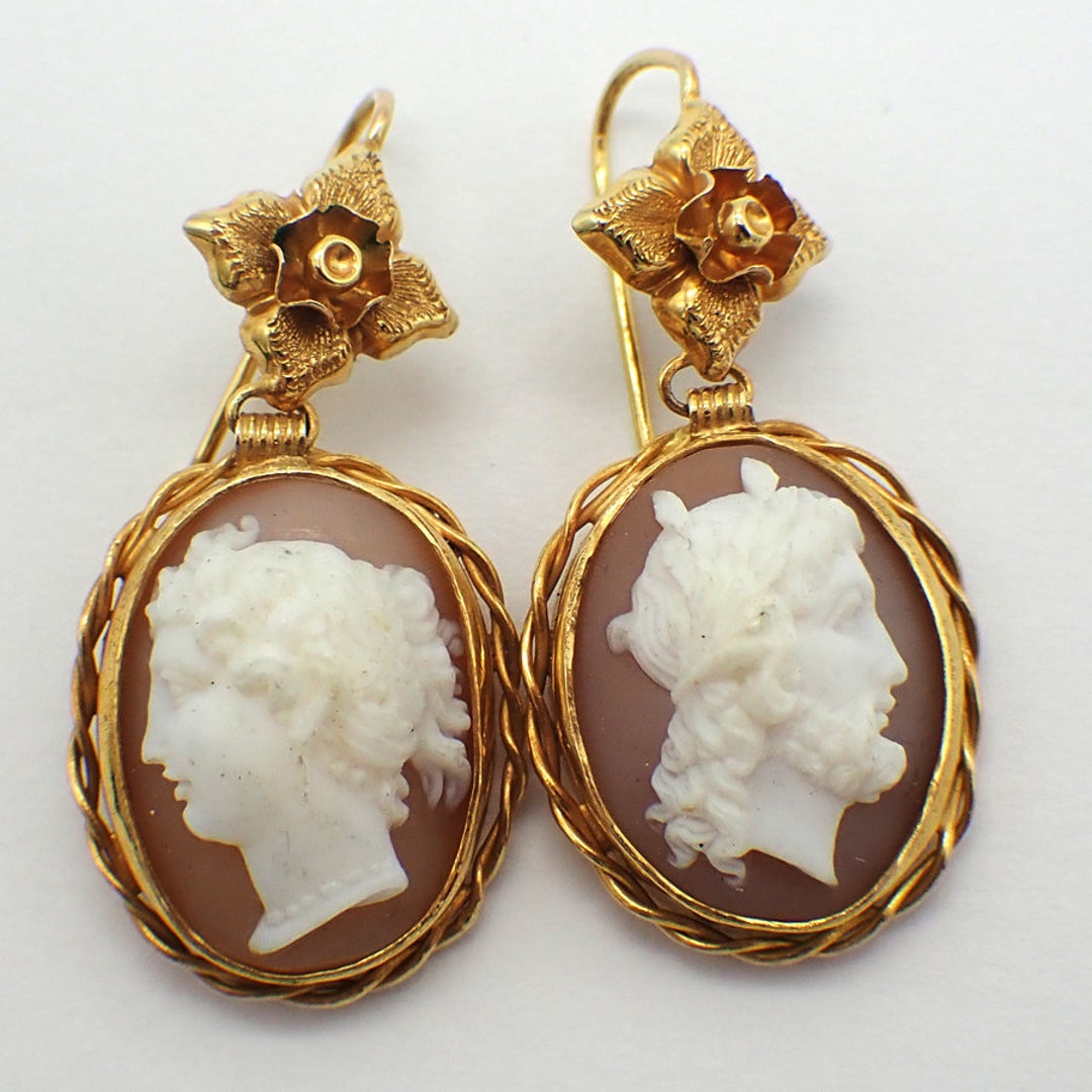 Buy Antique Shell Cameo Drop Earrings 18K Yellow Gold Online in India