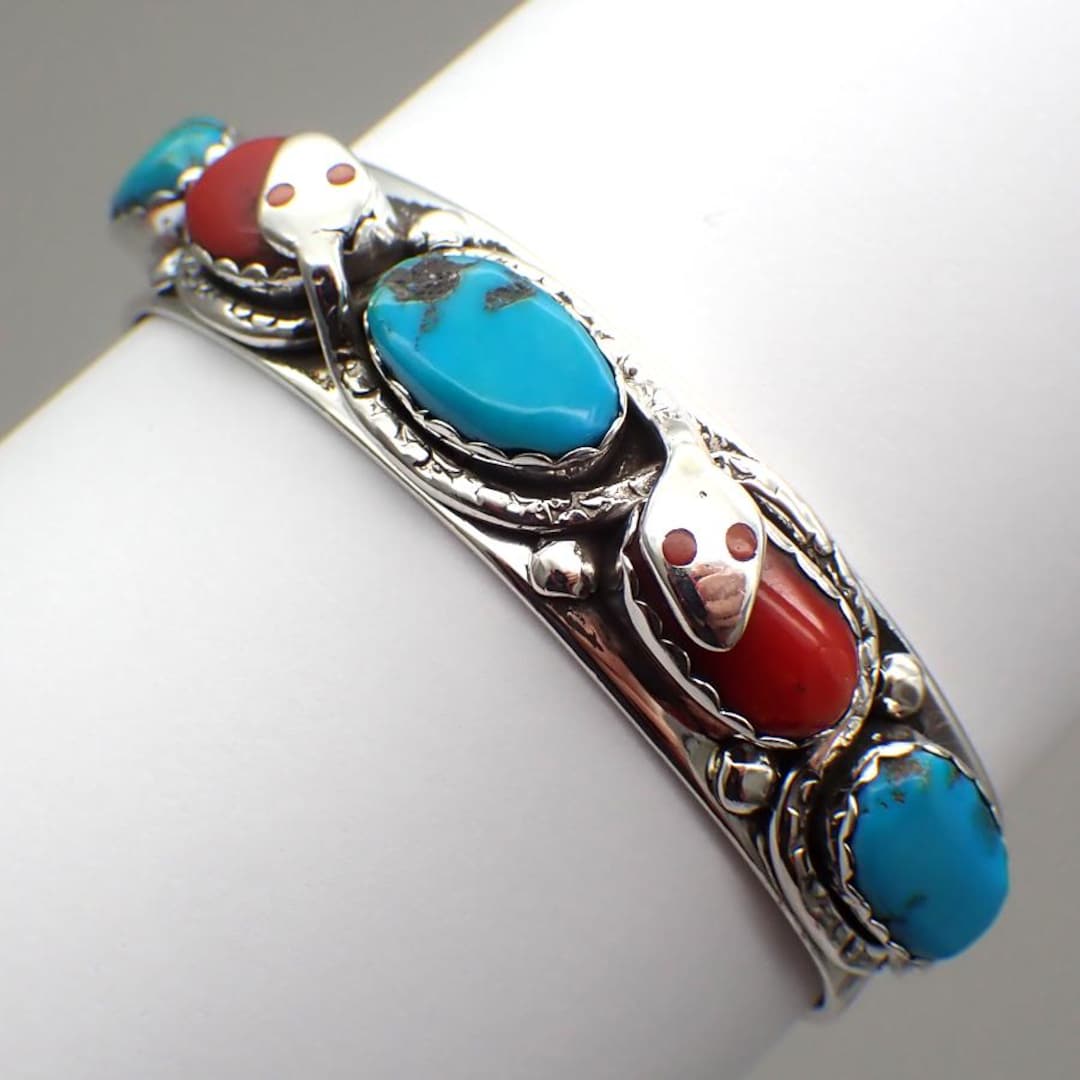 Effie Calavaza Zuni Snake Cuff Bracelet Sterling Silver Turquoise