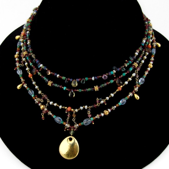 Multi Strand Gemstone Bead Necklace 18K Gold