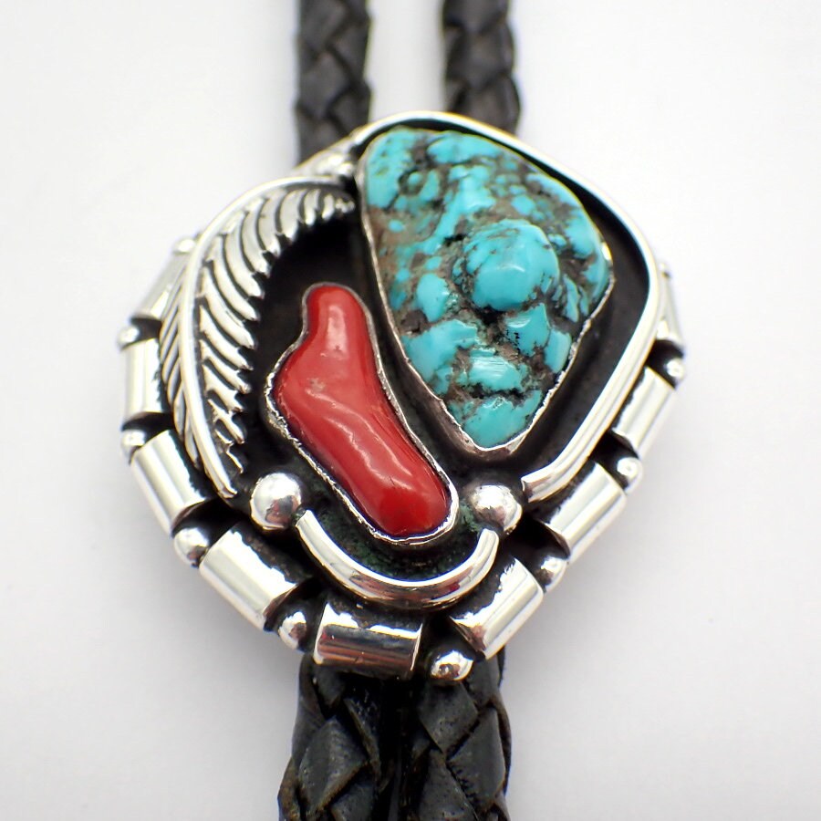 Navajo Bolo Tie Turquoise Coral Sterling Silver Leather Cord - Etsy