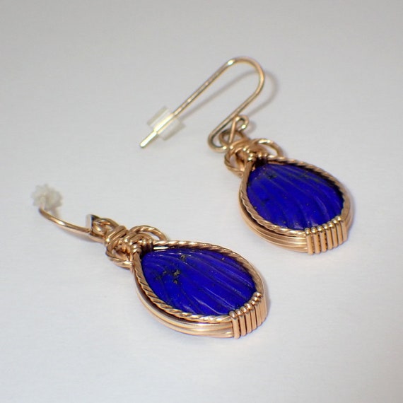 Carved Lapis Lazuli Drop Earrings 14K Yellow Gold - image 2