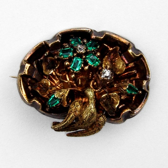 Victorian Brooch Floral Bird Motif Diamonds Emera… - image 1