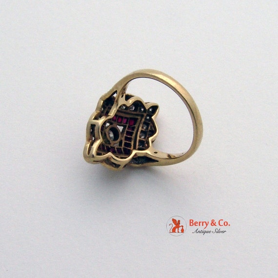Ornate Long 14 K Yellow Gold Diamond Ruby Ring - image 2