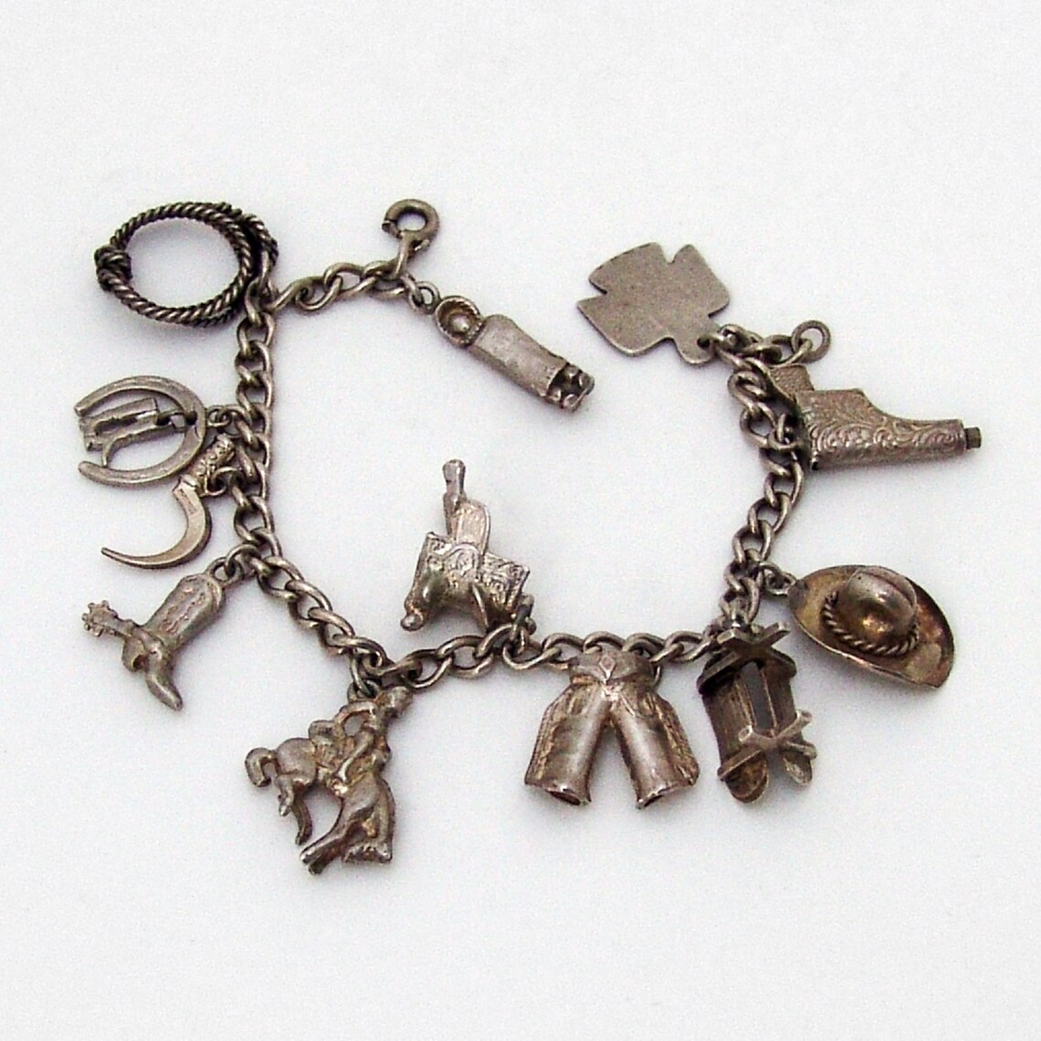 Western Theme 12 Piece Charm Bracelet Sterling Silver Etsy