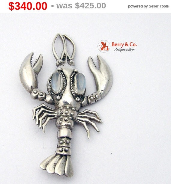 Vintage Lobster Brooch Sterling Silver Moonstones