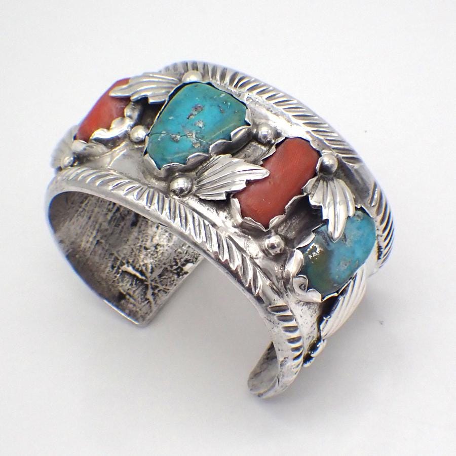 Navajo Cuff Bracelet Turquoise Coral Sand Cast Sterling Silver - Etsy