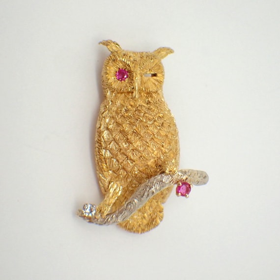 Owl Brooch 18K Gold Ruby Eye Diamond Accents