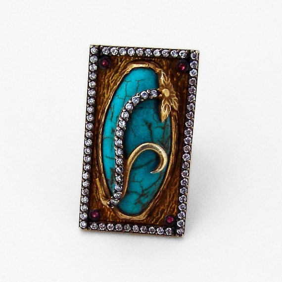 Large Rectangular Cocktail Ring Turquoise Gilt St… - image 1