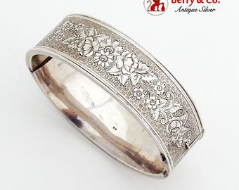 Vintage Wide Cuff Bracelet Sterling Silver Floral Engraved Designs 1930