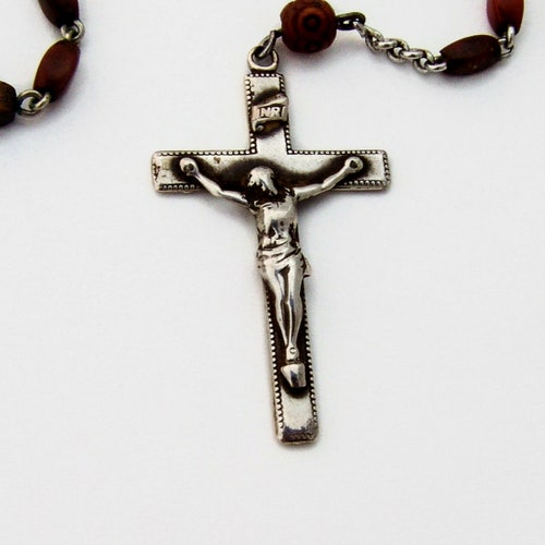 Wood Bead Rosary Necklace Crucifix Cross shops Medallions Sterling Silver