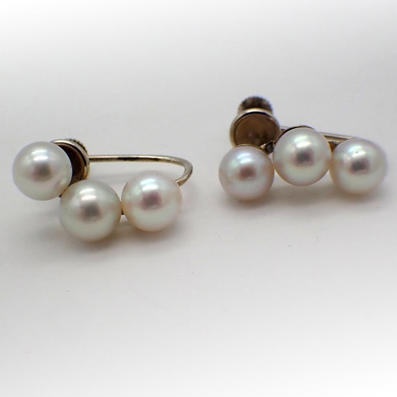 Three Pearl Screw Back Earrings 14K White Gold - image 1