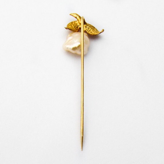 Floral Baroque Pearl Stick Pin 14 K Yellow Gold - image 2