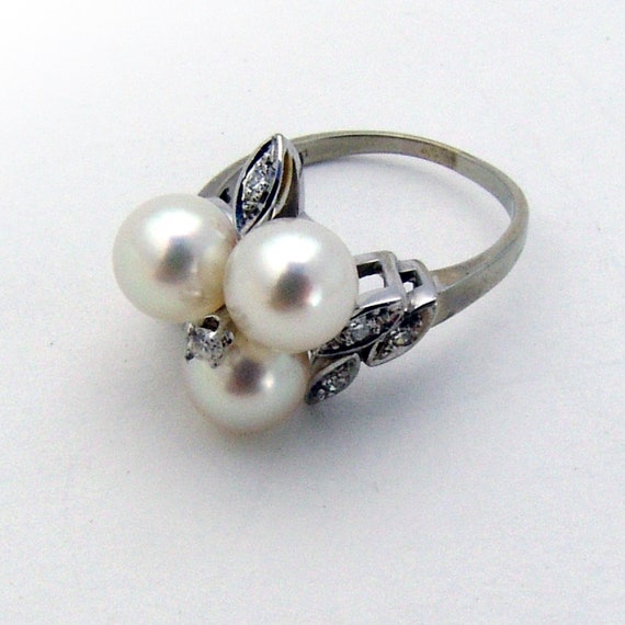 Pearl Diamond Cocktail Ring 14K White Gold - image 1