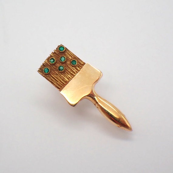 Paint Brush Tie Pin 14K Gold Green Gems - image 1