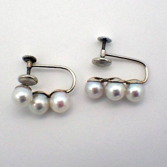 Three Pearl Screw Back Earrings 14K White Gold - image 3